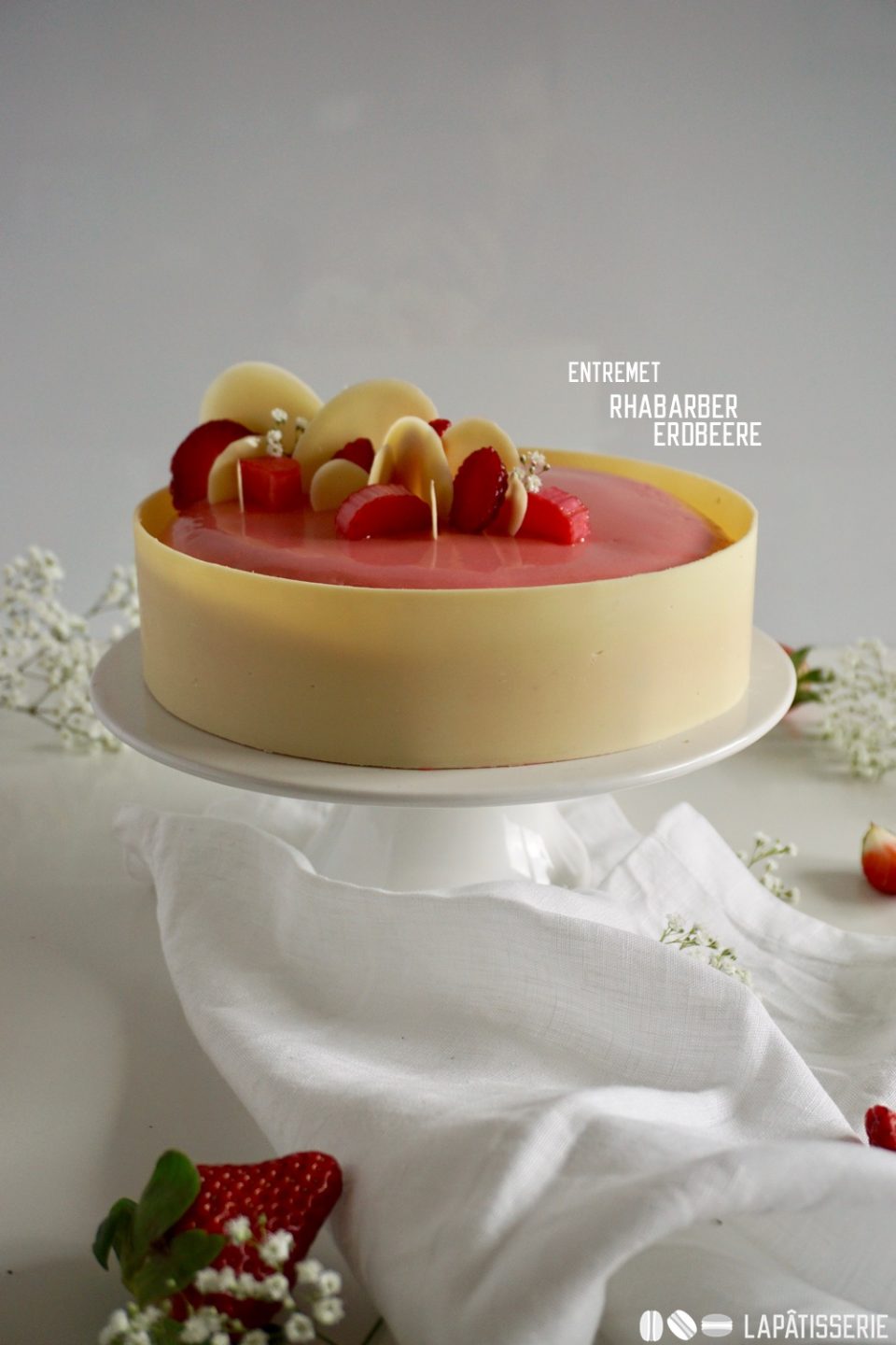 Mein Entremet mit Rhabarber und Erdbeere, passend für den Frühling, nochmal in voller Pracht.