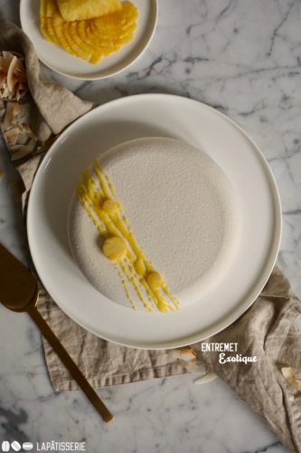Exotische Früchte verpackt in einem feinen Entremet mit Ananas, Kokosnuss und Passionsfrucht.