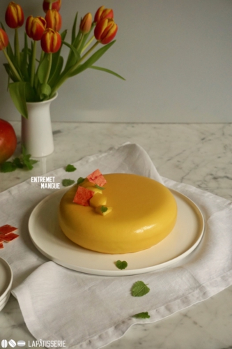 Entremet Mangue: Luftige Mangomousse mit einem Kern aus karamellisierter Mango, Cremeux und zartem Mandeldaquoise.