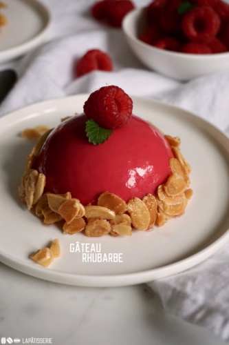 Gâteau Rhubarbe - Kleine Törtchen mit Rhabarberkompott, luftiger Himbeermousse und Mandelkrokant.