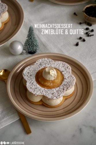 Blumiges Weihnachtsdessert mit feiner Mascarpone-Mousse mit Zimtblüte und fruchtig-herbem Kompott von Quitte
